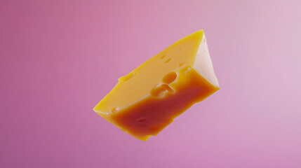 Single slice of cheddar cheese floating against a clean background, showcasing its vibrant color and texture