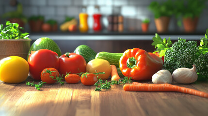 Fresh organic vegetables including tomatoes, peppers, and carrots arranged on wooden table, showcasing vibrant colors and healthy options for cooking