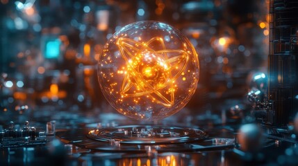 A symbolic glowing qubit surrounded by particles in a futuristic lab, cinematic depth of field