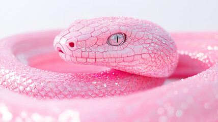 A snake with shimmering pink sequin-like skin is depicted in an image filled with intricate patterns and glittering pink outlines, its bright, sharp eyes standing out.
