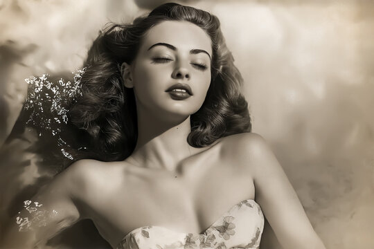 Vintage 1940s Photograph of Woman Relaxing in Water With Closed Eyes