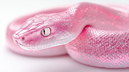 Fototapeta premium A snake with shimmering pink sequin-like skin is depicted in an image filled with intricate patterns and glittering pink outlines, its bright, sharp eyes standing out.