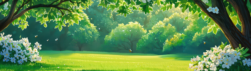 Obraz premium serene landscape featuring lush green trees and blooming flowers, creating peaceful atmosphere. sunlight filters through leaves, enhancing tranquil scene