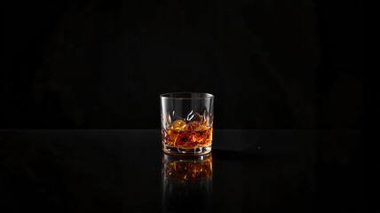 Whiskey glass with ice cubes on a dark marble surface
