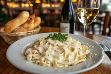 クリーミーなフェットチーネアルフレッドとパン、白ワインが並ぶ贅沢なディナー | Indulgent dinner with creamy fettuccine alfredo, bread, and white wine