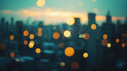 Blurred city lights at sunset, bokeh effect. Perfect for backgrounds, websites, or social media; evokes a dreamy, urban feeling.