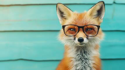 Fototapeta premium Hipster fox in stylish black glasses on blue pastel background