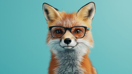 Obraz premium Hipster fox in stylish black glasses on blue pastel background