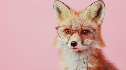 Hipster fox in stylish pink glasses on pink pastel background