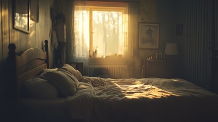 Sunlit Bedroom With Wooden Bed And Unmade Sheets