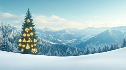Fototapeta premium Majestic Winter Landscape with Snowy Mountain Backdrop and Beautifully Decorated Christmas Tree Glowing with Colorful Lights in a Serene Atmosphere
