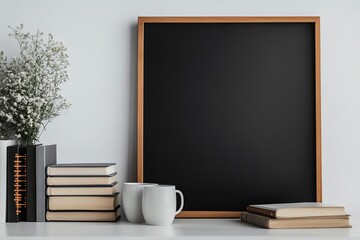 Cozy workspace with books, mugs, and a blank chalkboard on a minimalist desk.