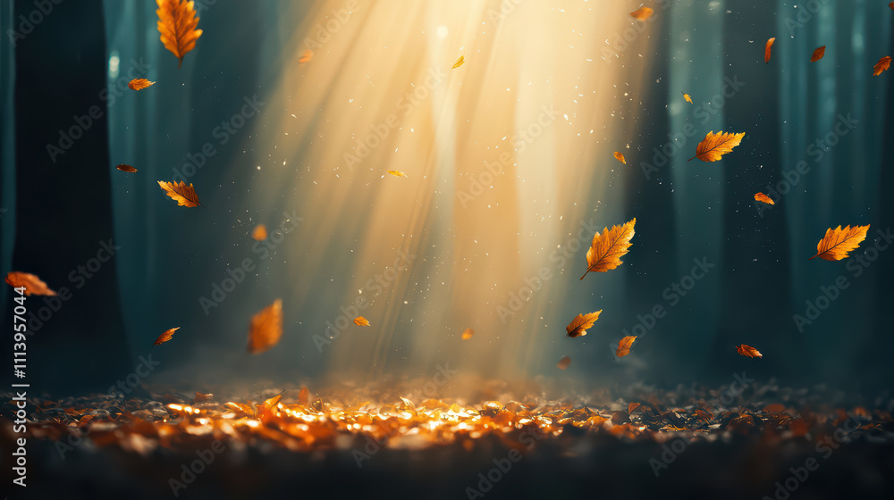 Poster serene forest scene with golden autumn leaves falling gently, illuminated by soft sunlight filtering