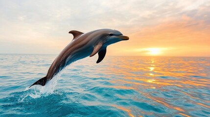 Naklejka premium Dolphin Leaping Gracefully Above Clear Waters at Sunset