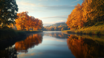 Obraz premium serene forest landscape with vibrant autumn trees reflecting in calm river. warm colors of fall create peaceful atmosphere, inviting tranquility and reflection