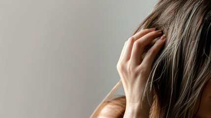 Obraz premium Acceptance of gray hair as a part of life's journey. Hair coloring in salon. Woman's head with strands of gray hair starting to appear. Stress about aging process and transition to gray hair. 