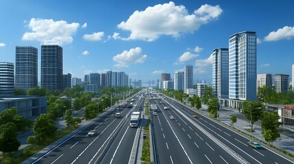 Fototapeta premium Cityscape with highway, buildings, and greenery under a blue sky.