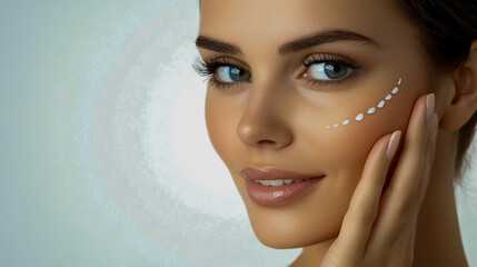 Naklejka premium Smiling young European woman touching her cheek in front of a white background, showcasing cheek filler treatment and enhanced cheekbones