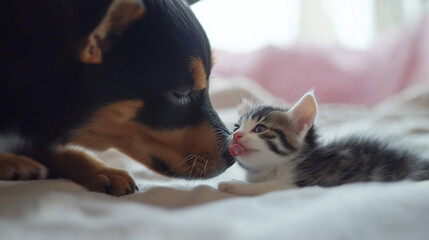 Obraz premium Puppy cutely sniffs and licks kitten