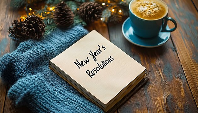 New Year's resolutions handwritten in notebook. Open journal with a handwritten list of goals and plans for the new year, accompanied by a pen and festive decorations. Motivational themes New Year