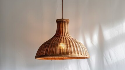 Obraz premium A woven pendant lamp with a warm glow, enhancing interior decor.