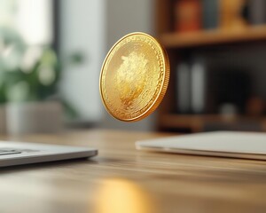 A symbolic golden cryptocurrency coin floating above a desk, warm cinematic tones, realistic focus