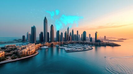 Naklejka premium Iconic Dubai Marina at Sunset with Skyscrapers