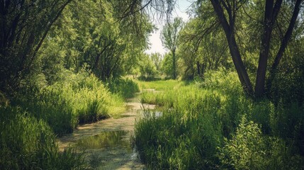 Fototapeta premium An overgrown ditch with tall grass, shrubs, and trees on the sides, located in a peaceful countryside setting