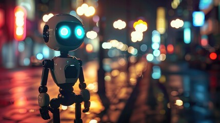 Humanoid robot standing alone on the street at night with lamp lighting, AI generated image