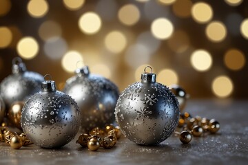 Fototapeta premium White Christmas Ornaments Elegant Silver and Against Festive Bokeh Lights Background