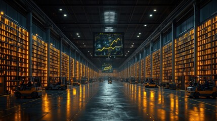 Workers operate forklifts under digital holographic maps displaying supply chain networks in a high-tech logistics warehouse setting