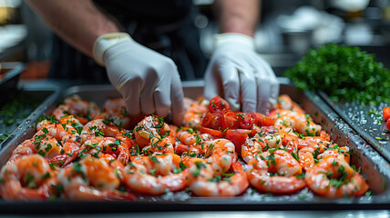 A gourmet kitchen showcasing perfectly cooked seafood, with rising steam and droplets of melted butter, elegantly presented on a marble surface with stainless steel tools and a side of fresh herbs.