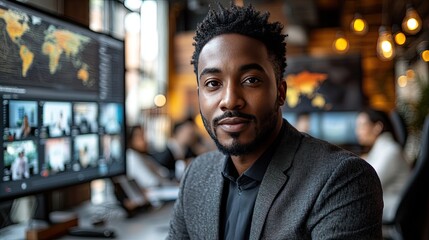 A Black man leads a virtual discussion among international team members in a warm, modern office setting featuring a world map