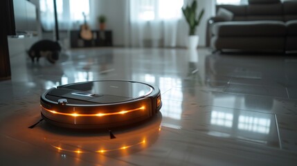 A robotic vacuum cleaner operates on a shiny floor in a cozy living room setting.
