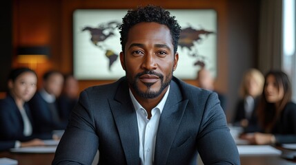 A Black man in a business suit leads a multicultural virtual meeting, engaging team members from various regions in a modern office environment