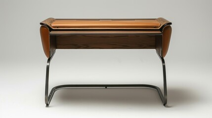 A sleek, modern desk with a wooden top and metal legs, designed for functional workspace use.
