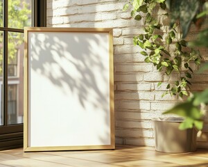 Wall art empty picture frame mockup on wooden desk, wall, table. Vase with olive branches, cactus. Elegant working space, home office concept.