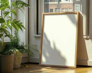 Wall art empty picture frame mockup on wooden desk, wall, table. Vase with olive branches, cactus. Elegant working space, home office concept.