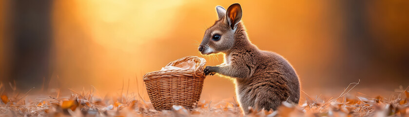 Obraz premium wallaby curiously explores small woven basket in serene autumn setting. warm colors of background enhance playful atmosphere of this adorable scene