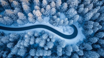 Above view of snowy mountain peaks and road

