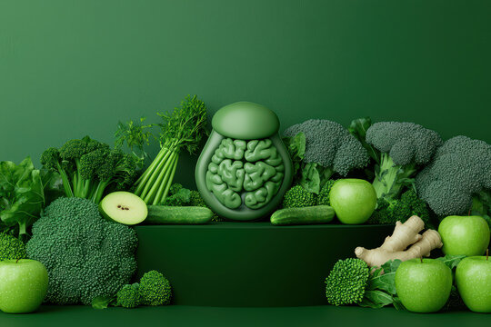 Creative composition of green vegetables and fruits with brain shaped centerpiece on green backdrop, showcasing freshness and health