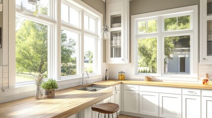 Corner view of a bright kitchen interior featuring white cabinets, a wooden countertop, and a modern bar stool, illuminated by natural light streaming through large windows