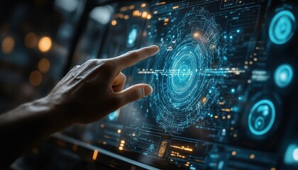 A symbolic holographic gesture control interface glowing in a futuristic tech lab, dramatic cinematic tones