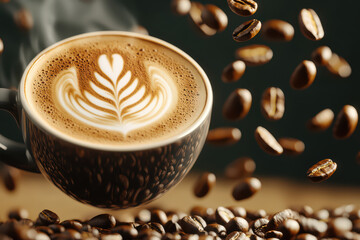 Delicious cup of espresso with latte art surrounded by flying coffee beans, creating warm and inviting atmosphere