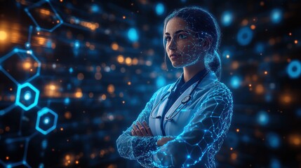 A female doctor, digitally overlaid with network connections, representing advanced healthcare technology.