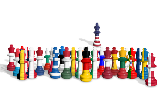 Chess made from EU members and USA flags isolated on a transparent background