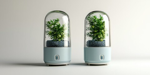 Innovative urban air-cleaning solutions city environments conceptual design retro-futuristic aesthetics indoor settings sustainable living