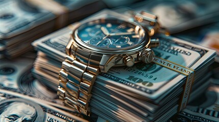 Luxurious Gold Chronograph Watch Resting on a Stack of Hundred Dollar Bills