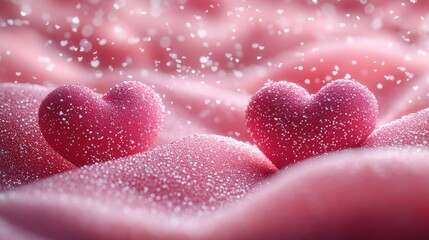 Obraz premium A dreamy composition for a Saint Valentine’s Day card with tiny heart-shaped confetti on a pink satin surface, softly lit for a tactile feel
