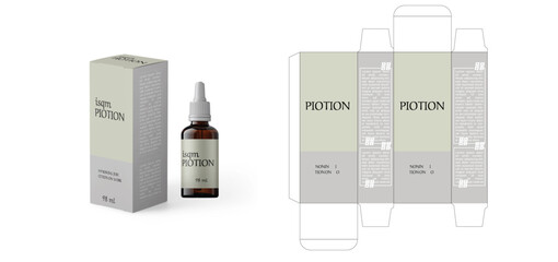 PIOTION Packaging box design template layout with Box die line,  icon, frames and Design Illustration, Vector design Template image of cosmetic bottle and box.